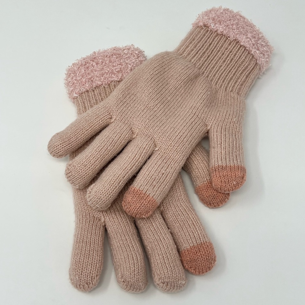 Pink Gloves Fuzzy Cuff Blush Winter Glove Plush Rib Knit Snow Full Finger Lined